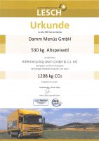 Urkunde der Firma Lesch über die Einsparung von 1208 kg CO2